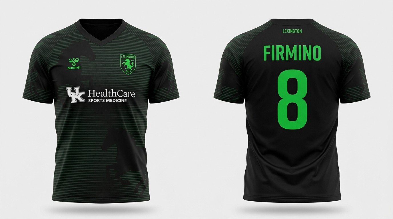 black and green Lexington SC style soccer jersey number 8 - front and back view