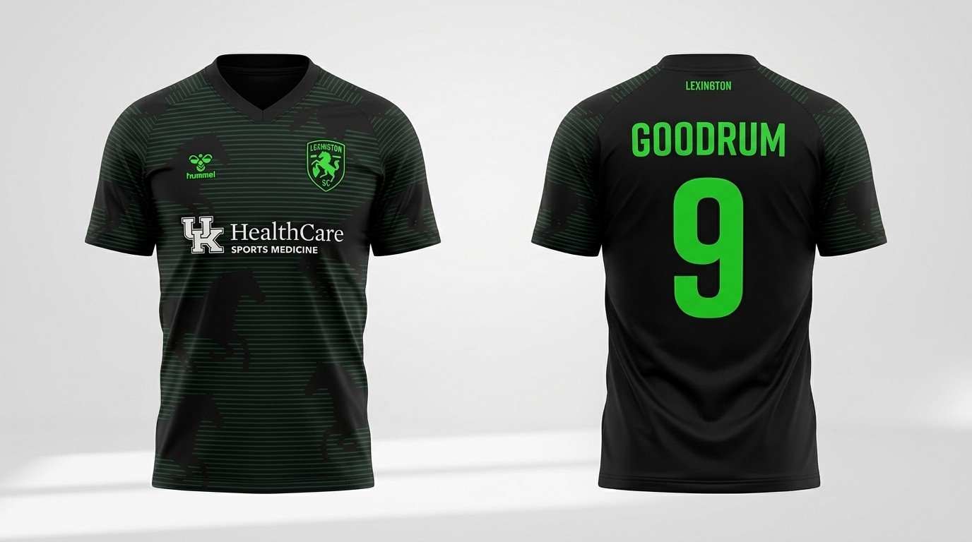 black and green Lexington SC style soccer jersey number 9 - front and back view