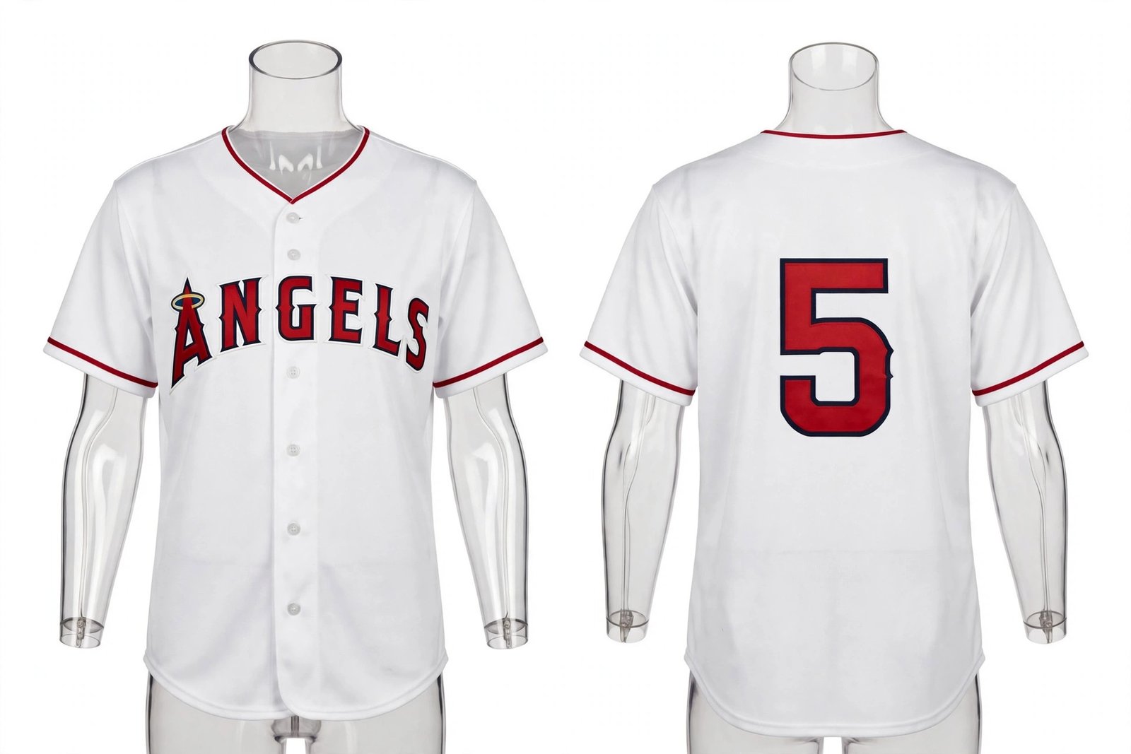 White Los Angeles Angels style home baseball jersey number 5 - front and back view
