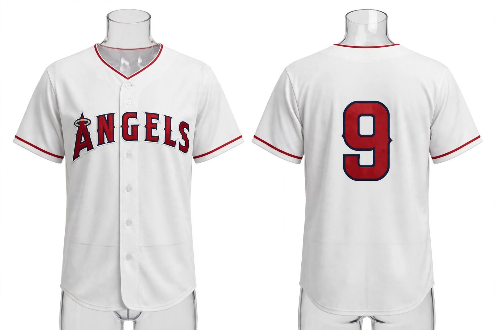 White Los Angeles Angels style home baseball jersey number 9 - front and back view