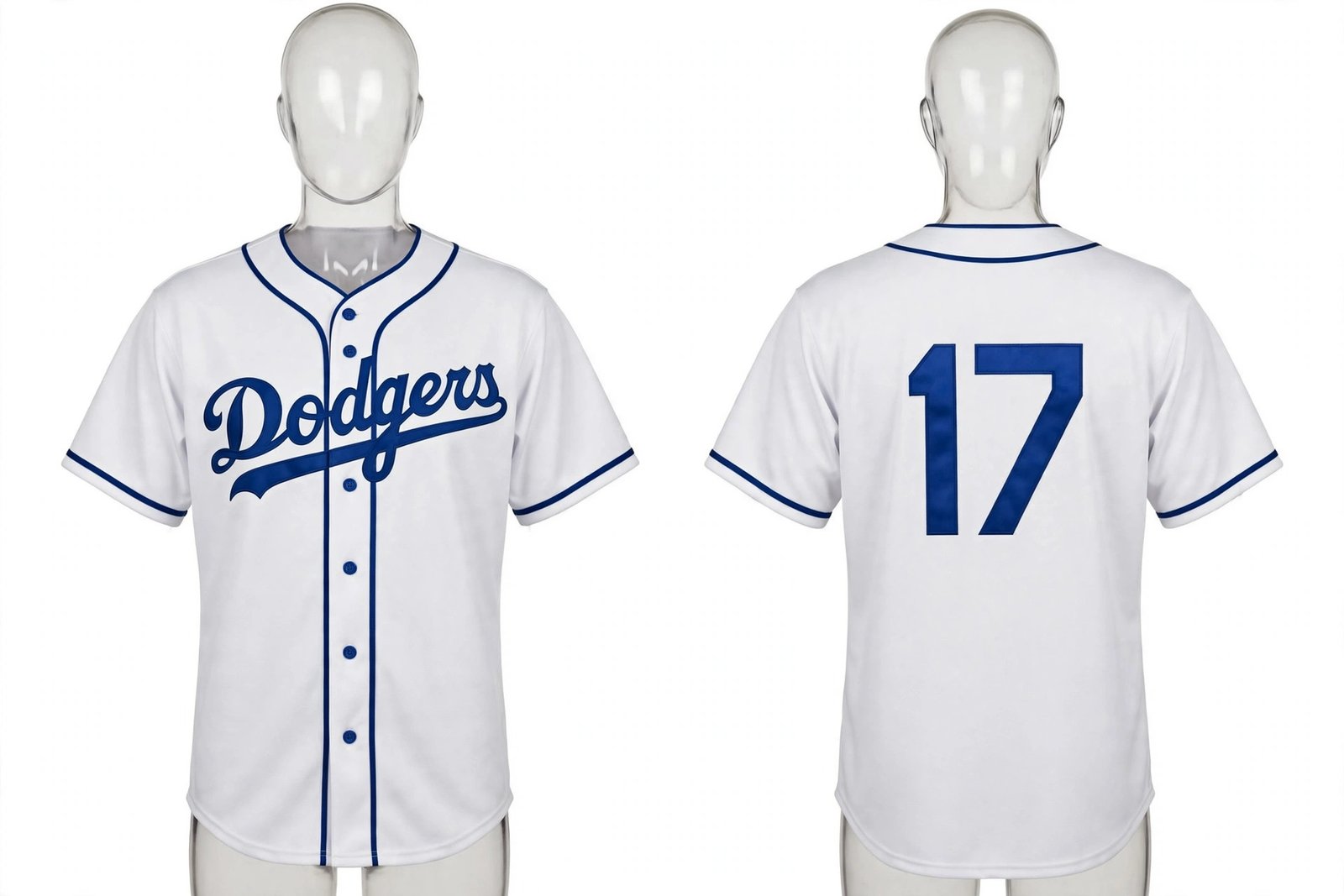 White Los Angeles Dodgers style home baseball jersey number 17 - front and back view
