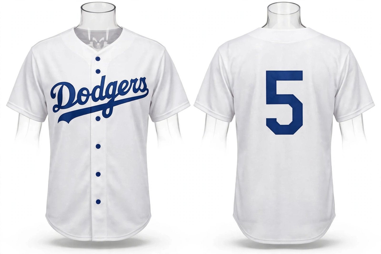 White Los Angeles Dodgers style home baseball jersey number 5 - front and back view