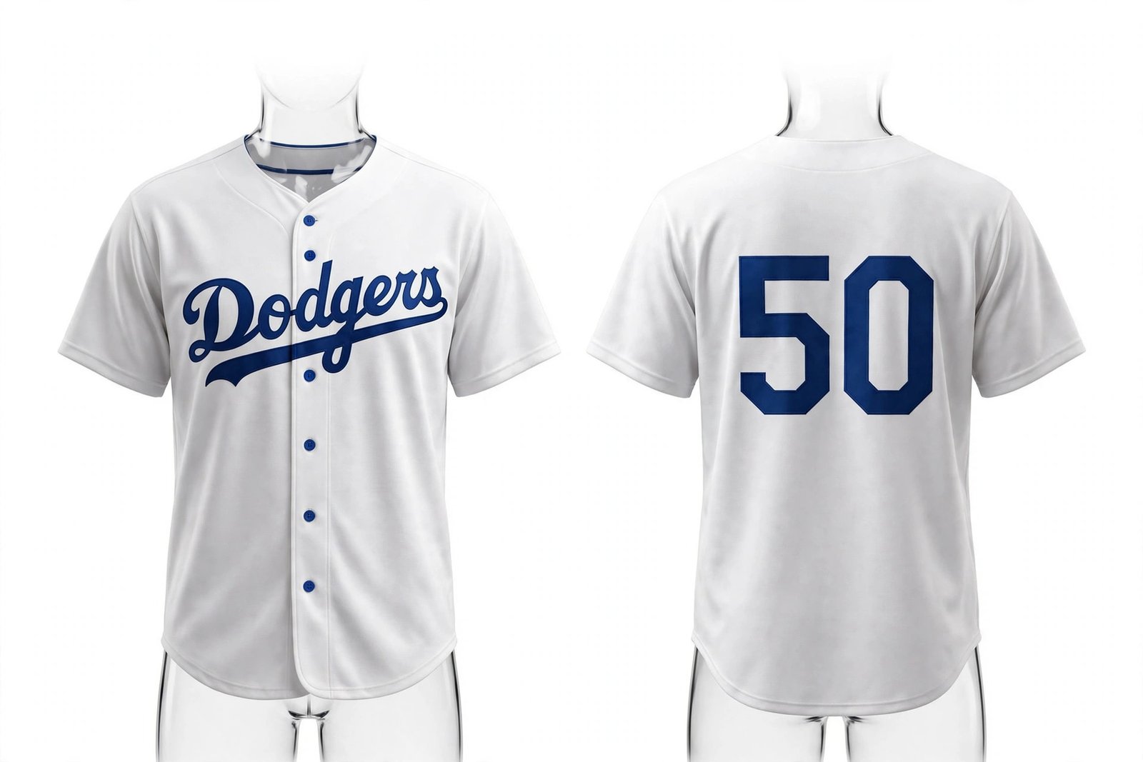 White Los Angeles Dodgers style home baseball jersey number 50 - front and back view
