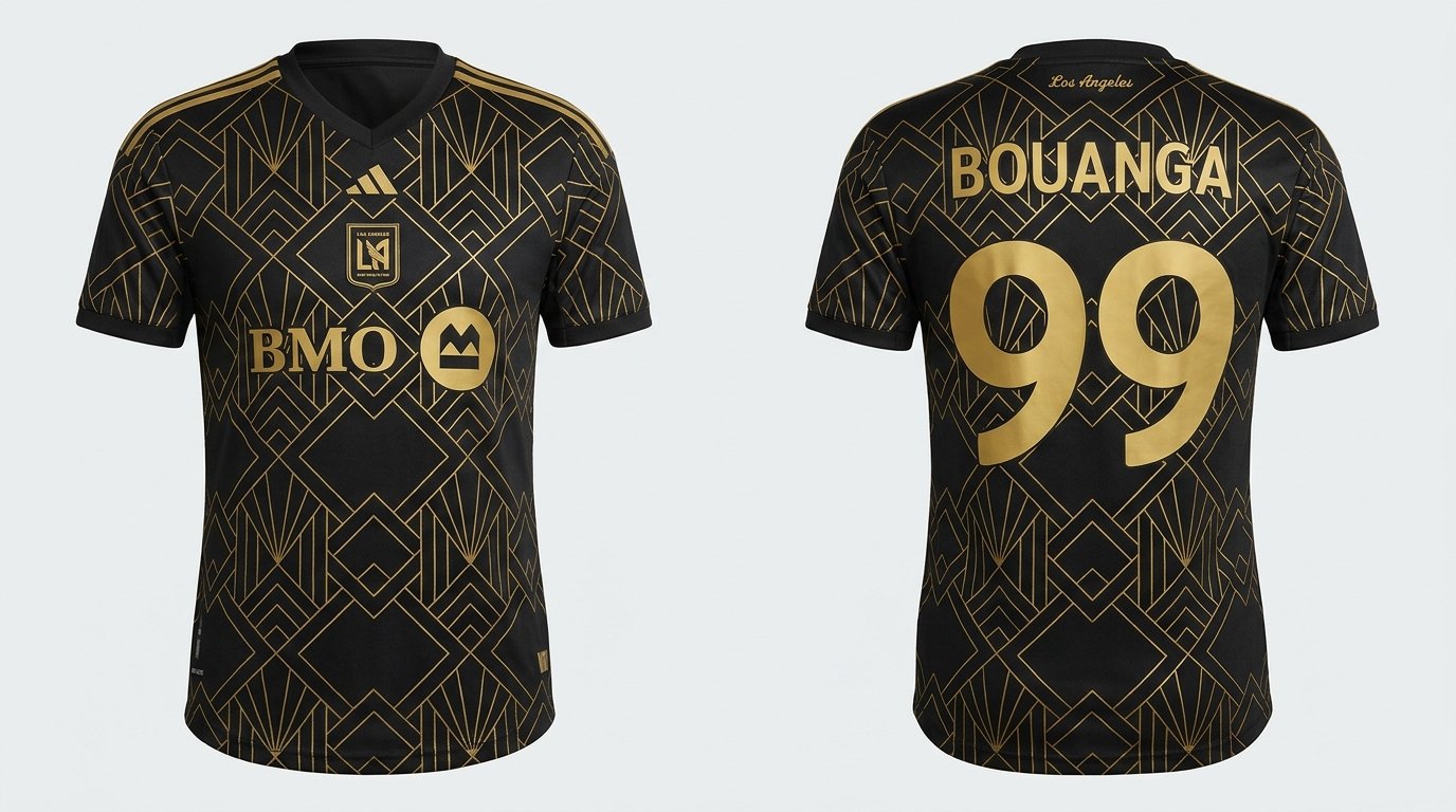 Black and gold Los Angeles FC style soccer jersey number 99 - front and back view