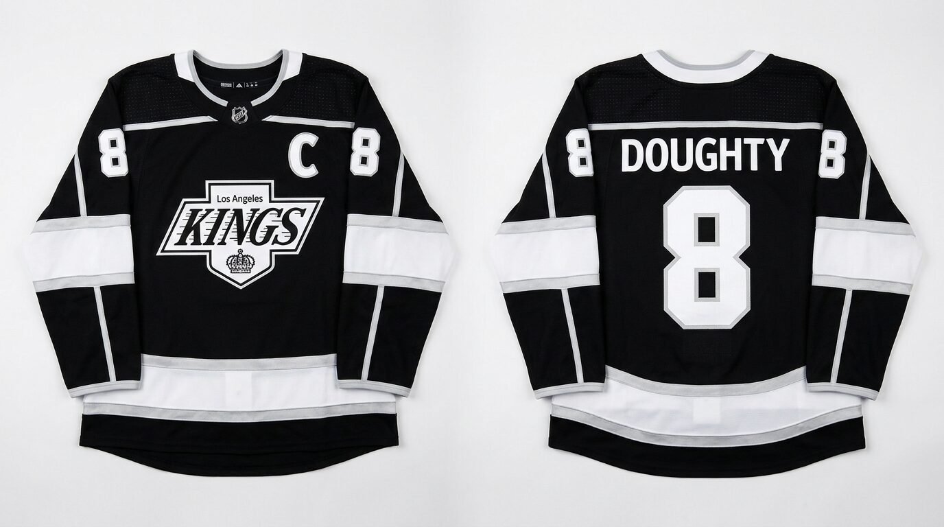 Black Los Angeles Kings style hockey jersey number 8 - front and back view