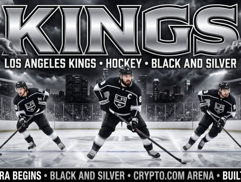 Los Angeles Kings team 2026 poster — captain Drew Doughty (#8) with Artemi Panarin (#10) and Adrian Kempe (#9) in black home jerseys