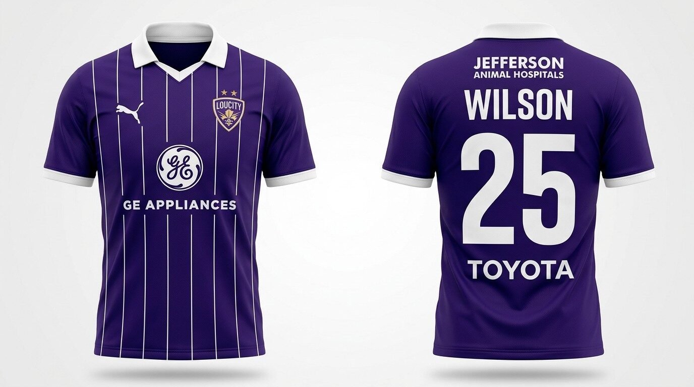 purple Louisville City FC style soccer jersey number 25 - front and back view