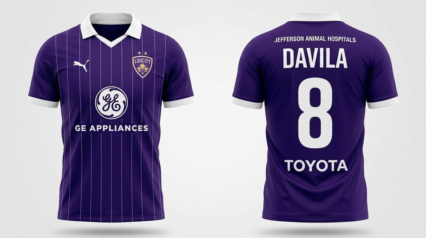purple Louisville City FC style soccer jersey number 8 - front and back view