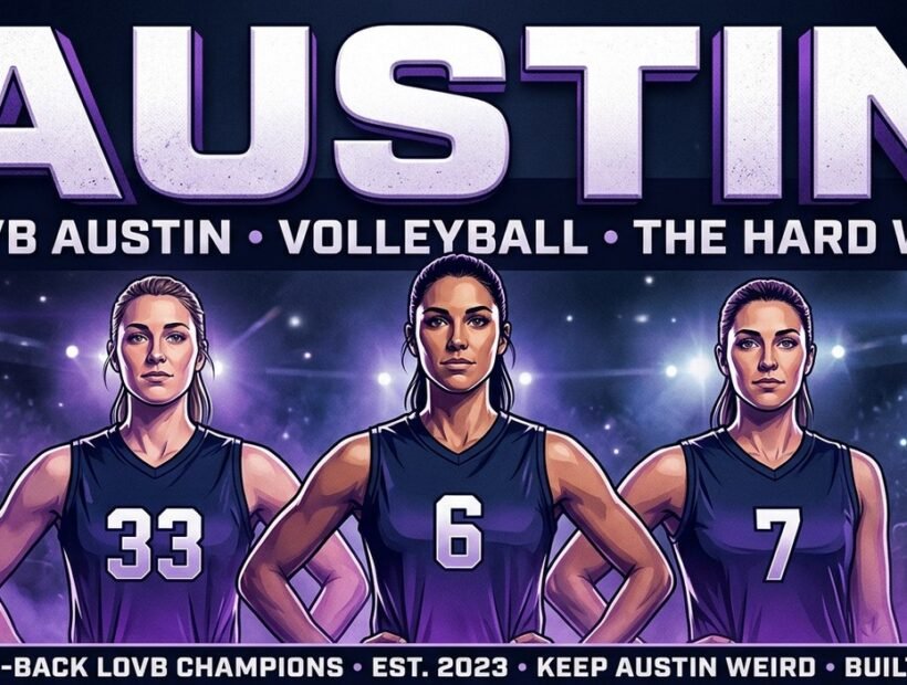 LOVB Austin 2026 poster banner with Madisen Skinner, Logan Eggleston and Asjia O'Neal