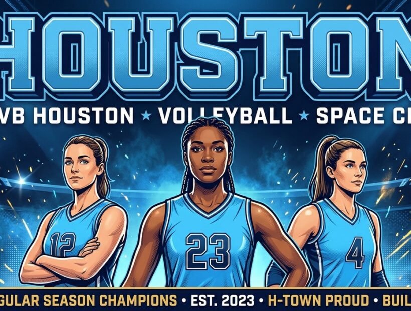 LOVB Houston 2026 poster banner with Jordan Thompson, Micha Hancock and Justine Wong-Orantes