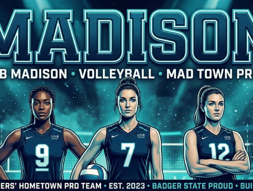 LOVB Madison 2026 poster banner with Lauren Carlini, Claire Chaussee and Temi Thomas-Ailara