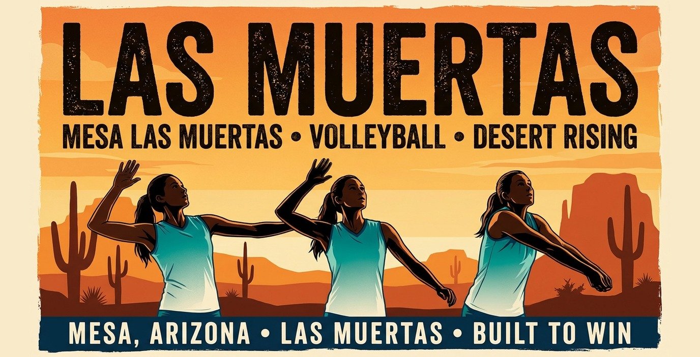 Mesa Las Muertas 2026 poster banner — Kerbaugh, Dominovic and Butters in the teal-to-white jerseys