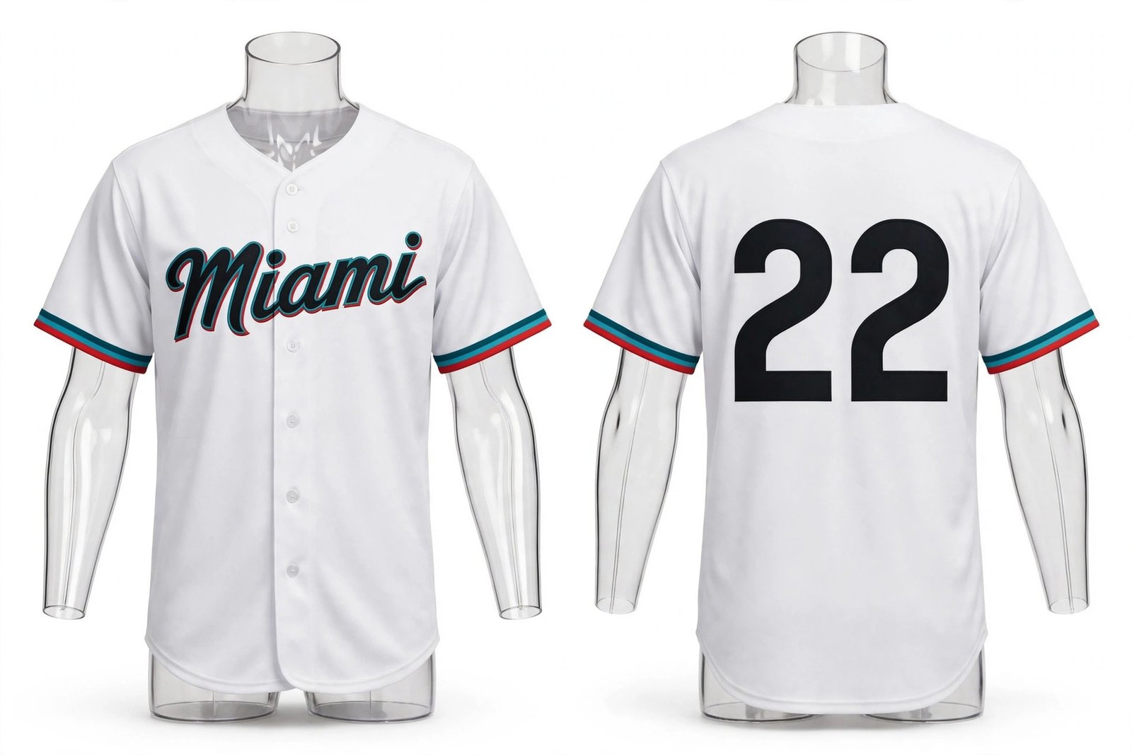 White Miami Marlins style home baseball jersey number 22 - front and back view