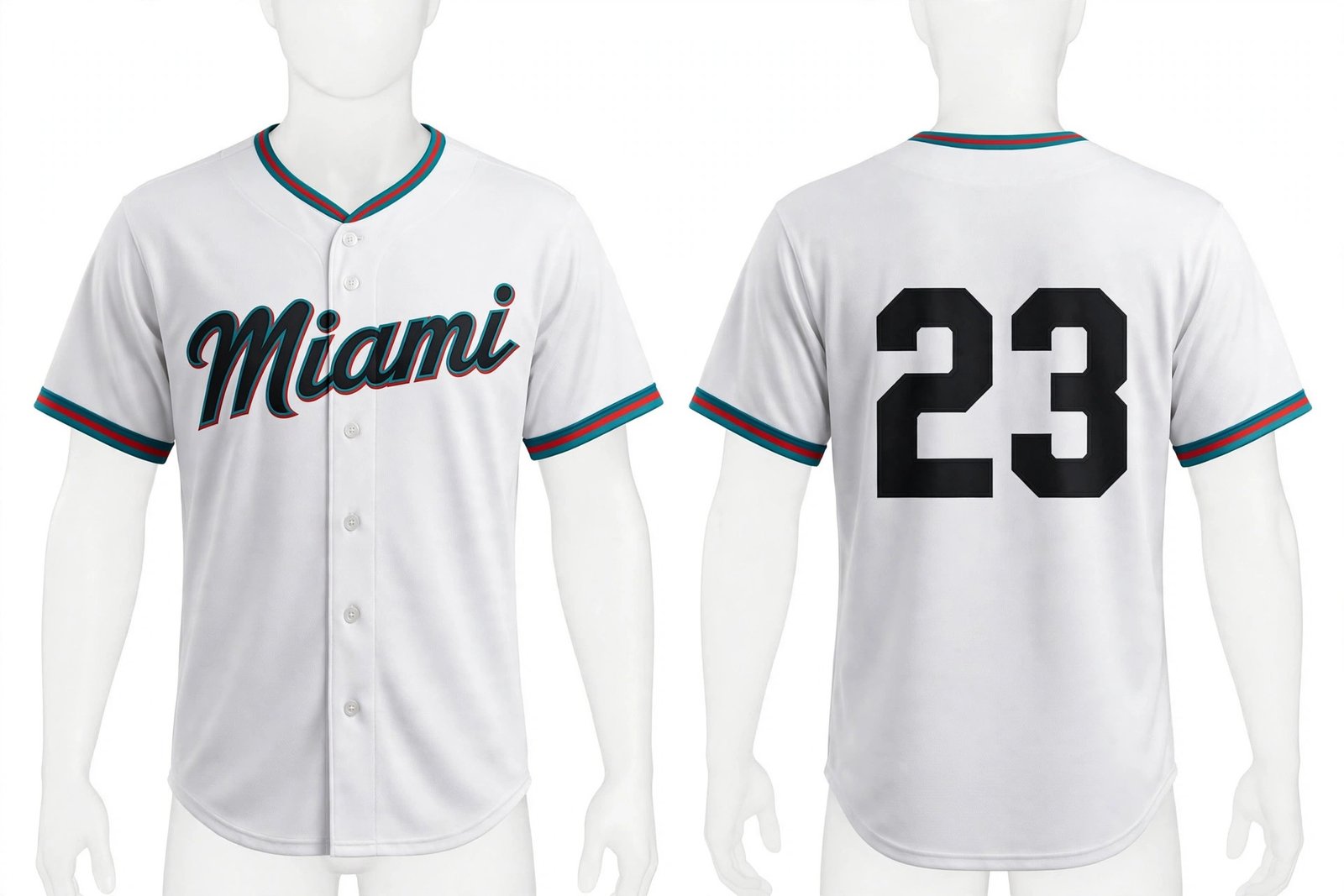 White Miami Marlins style home baseball jersey number 23 - front and back view