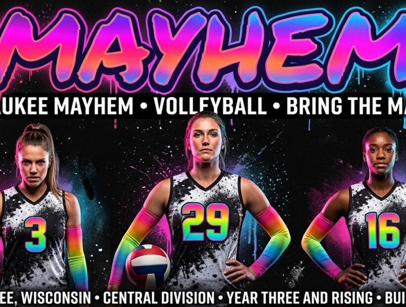 Milwaukee Mayhem 2026 poster banner — Phillips, Erdman and Straus in the black-and-white splatter VLA jerseys