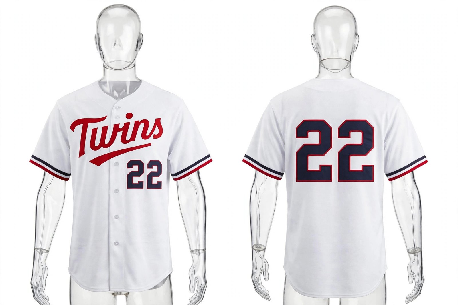 White Minnesota Twins style home baseball jersey number 22 - front and back view