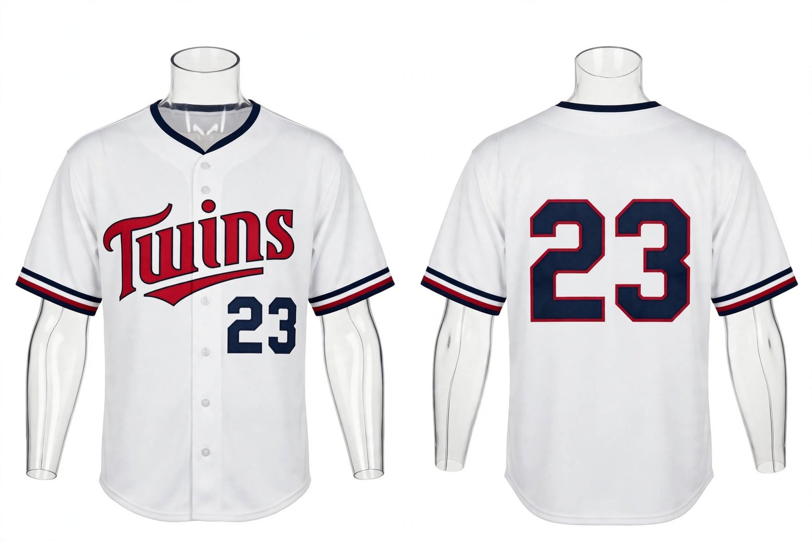 White Minnesota Twins style home baseball jersey number 23 - front and back view