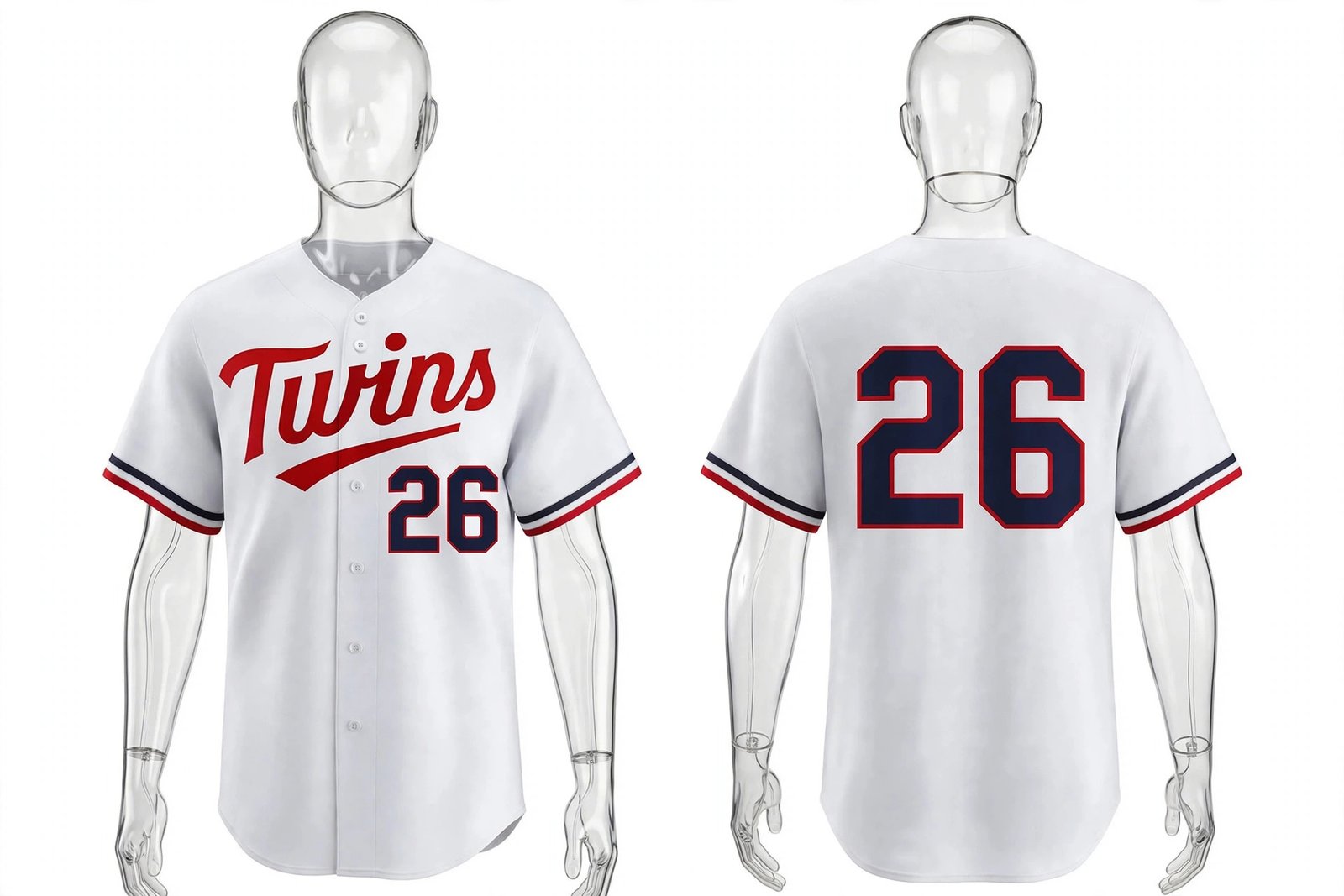 White Minnesota Twins style home baseball jersey number 26 - front and back view