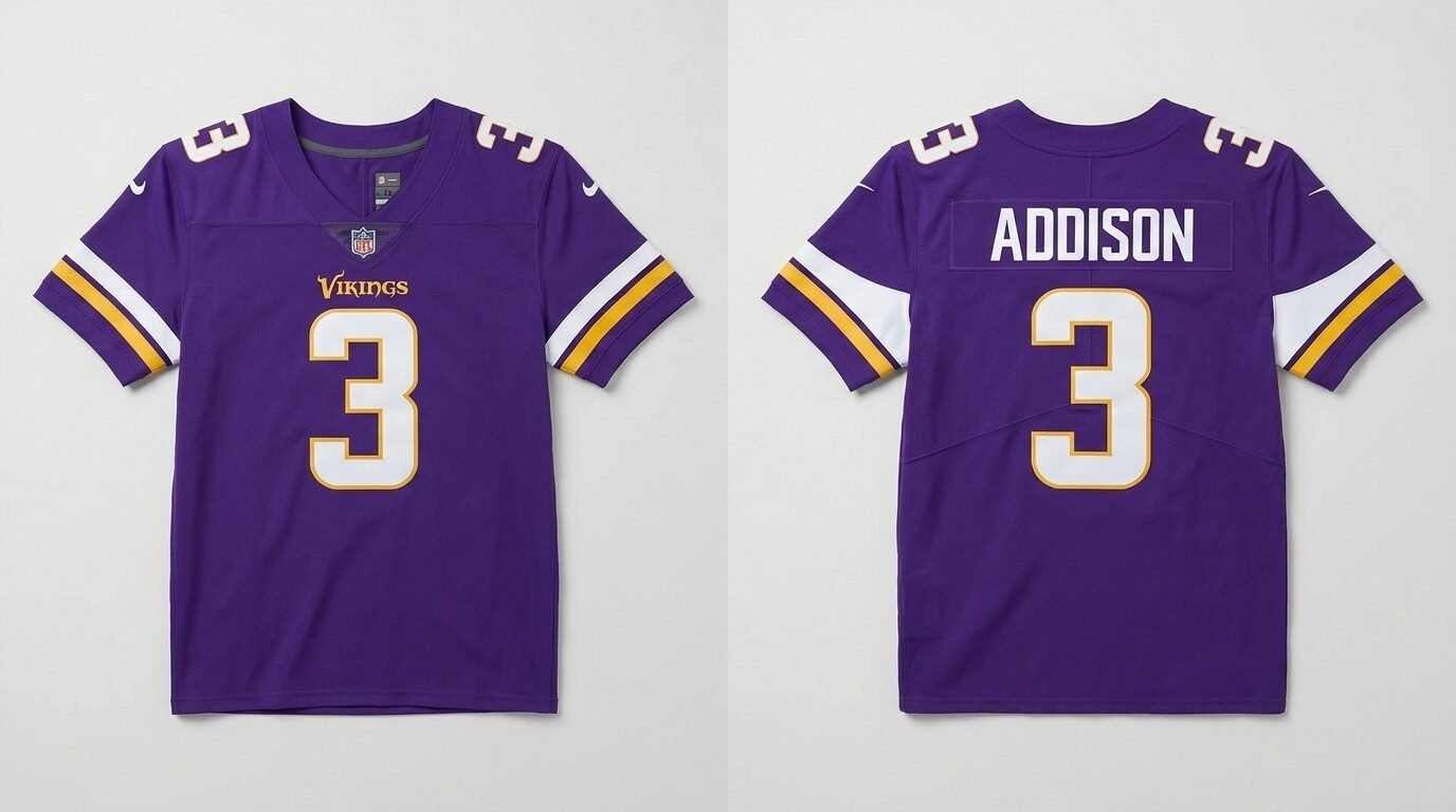 Purple Minnesota Vikings style football jersey number 3 Addison - front and back view