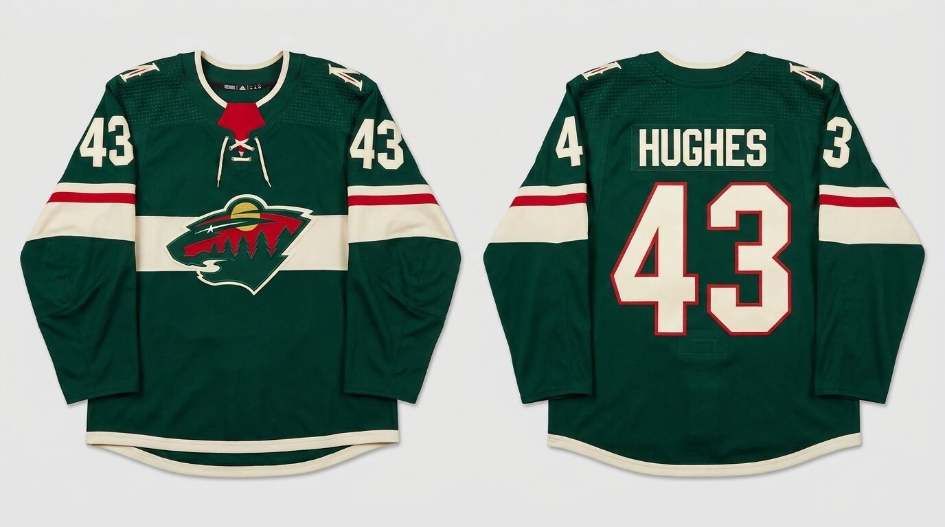 Green Minnesota Wild style hockey jersey number 43 - front and back view