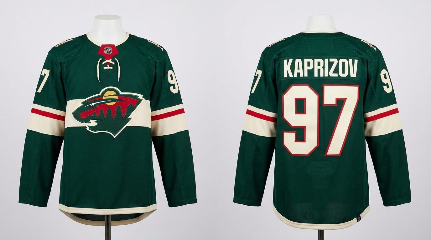 Green Minnesota Wild style hockey jersey number 97 - front and back view