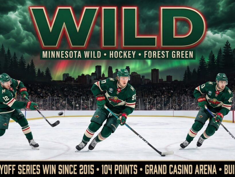 Minnesota Wild team 2026 poster — Kirill Kaprizov (#97) with Matt Boldy (#12) and Quinn Hughes (#43) in forest green home jerseys