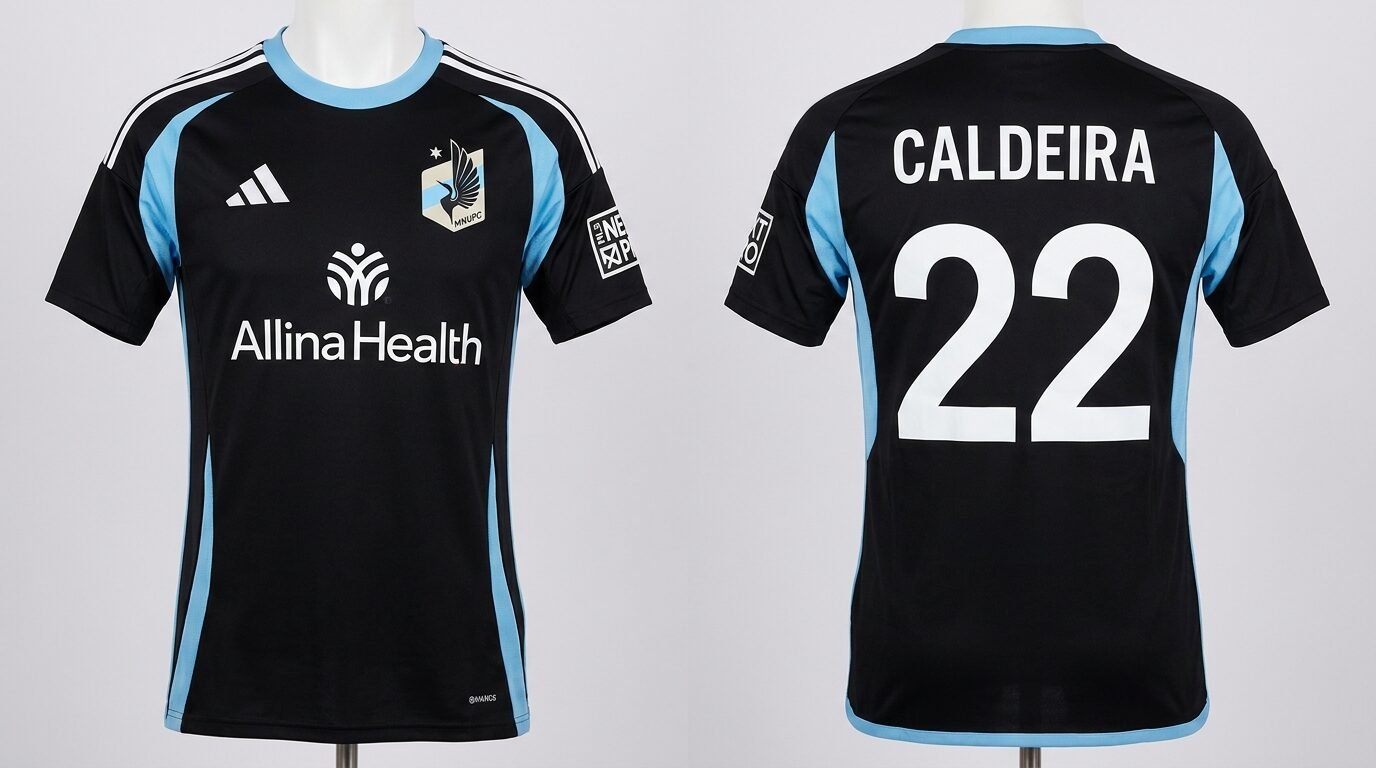 Black and sky blue MNUFC2 style soccer jersey number 22 - front and back view