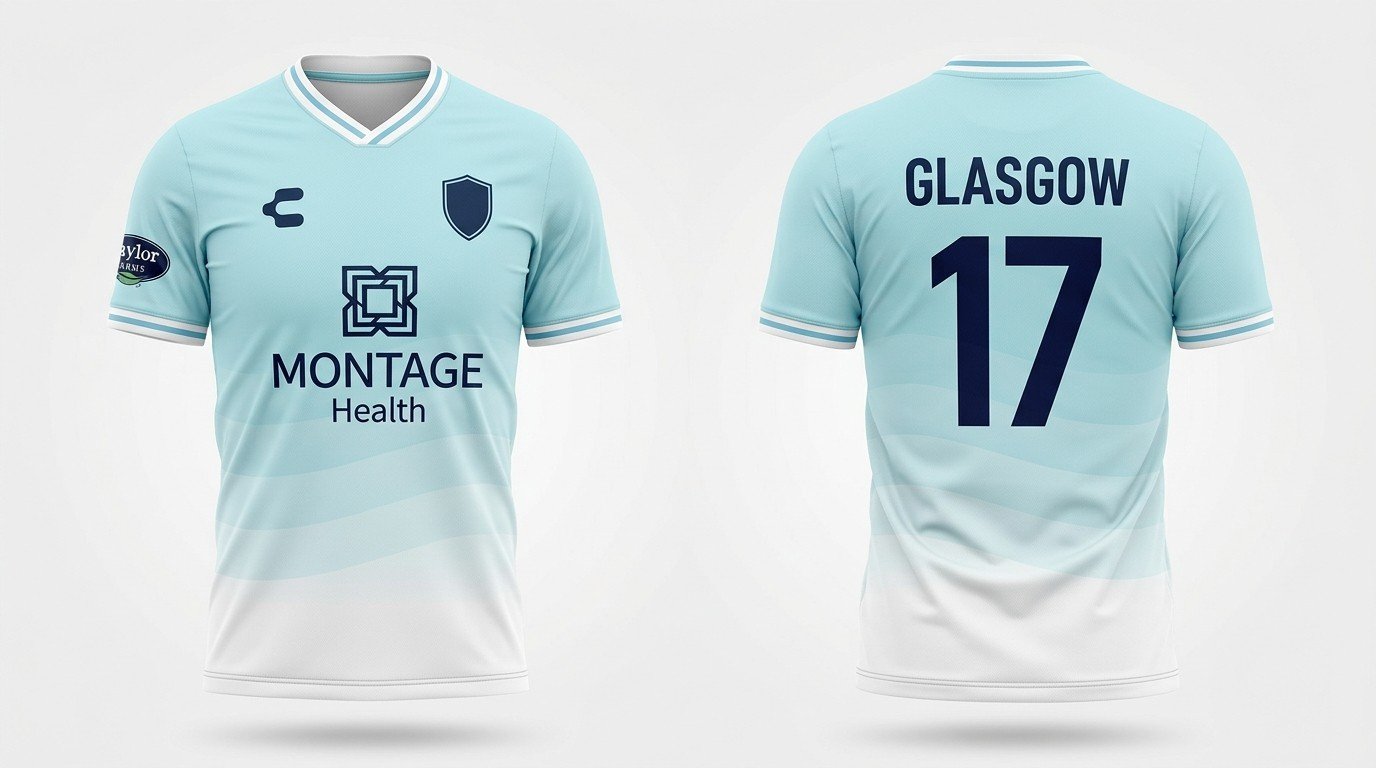 Pale blue Monterey Bay FC style soccer jersey number 17 - front and back view