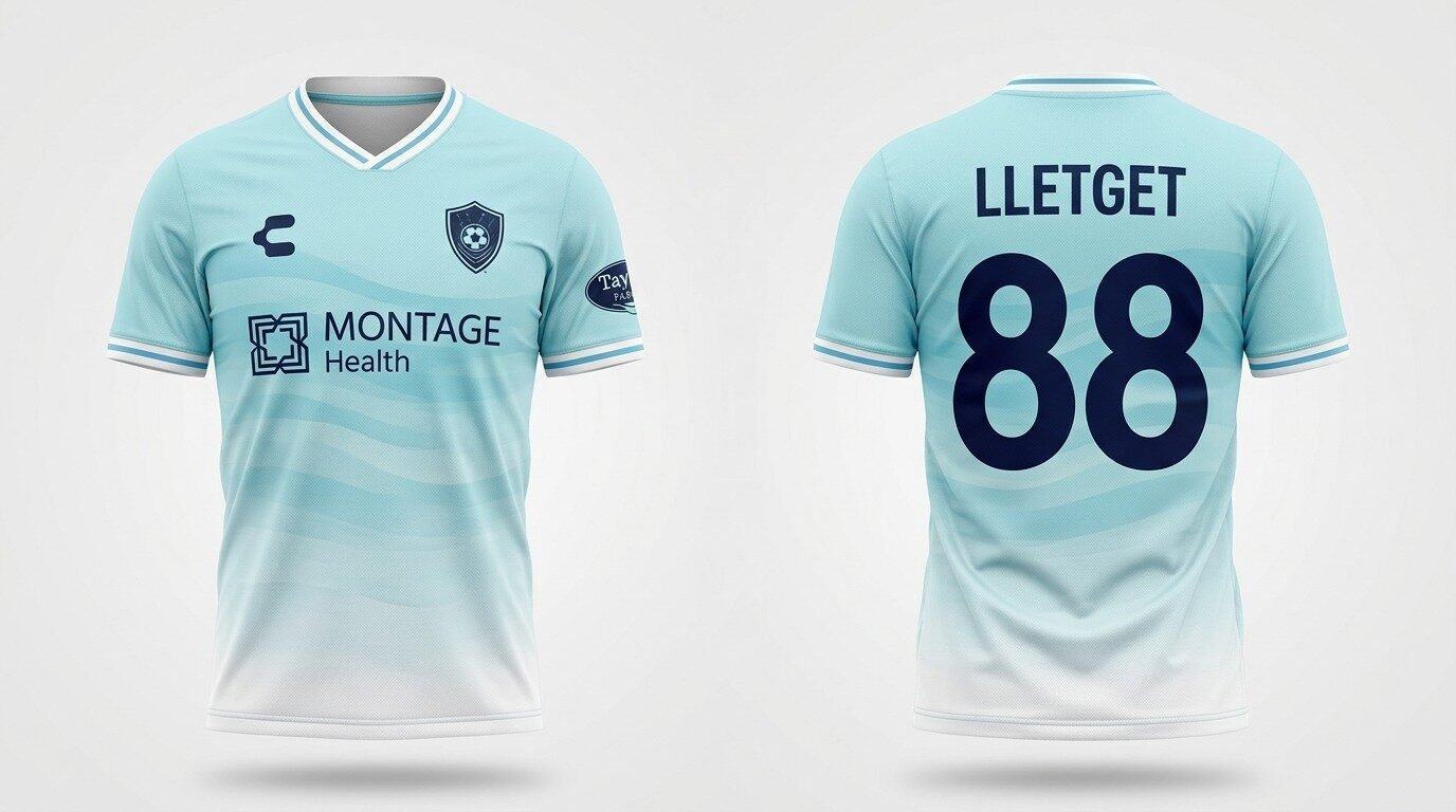 Pale blue Monterey Bay FC style soccer jersey number 88 - front and back view