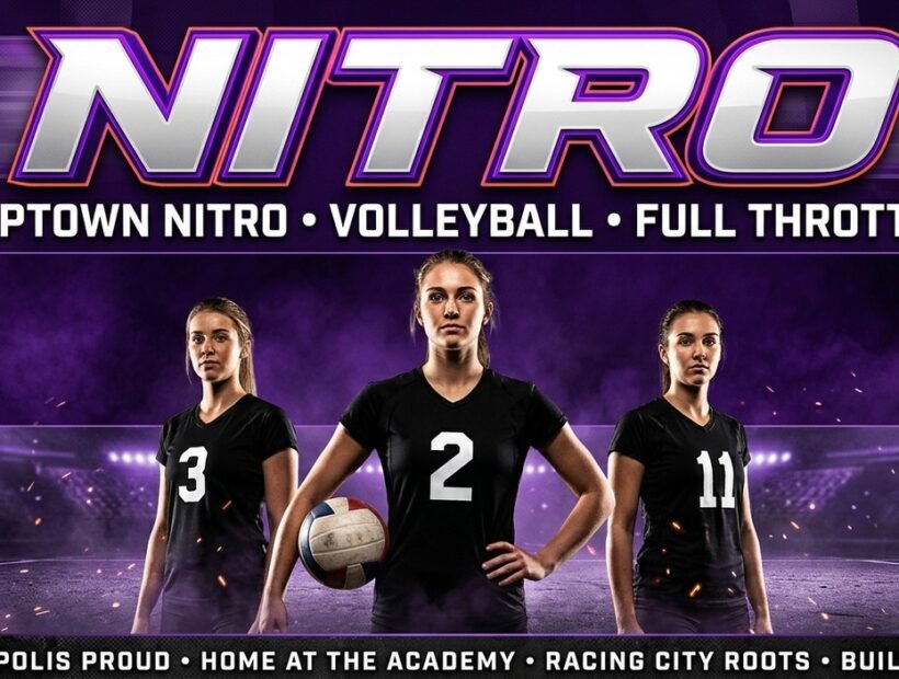 Naptown Nitro 2026 poster banner — Harless, McAfee and Wright in the plain black VLA jerseys