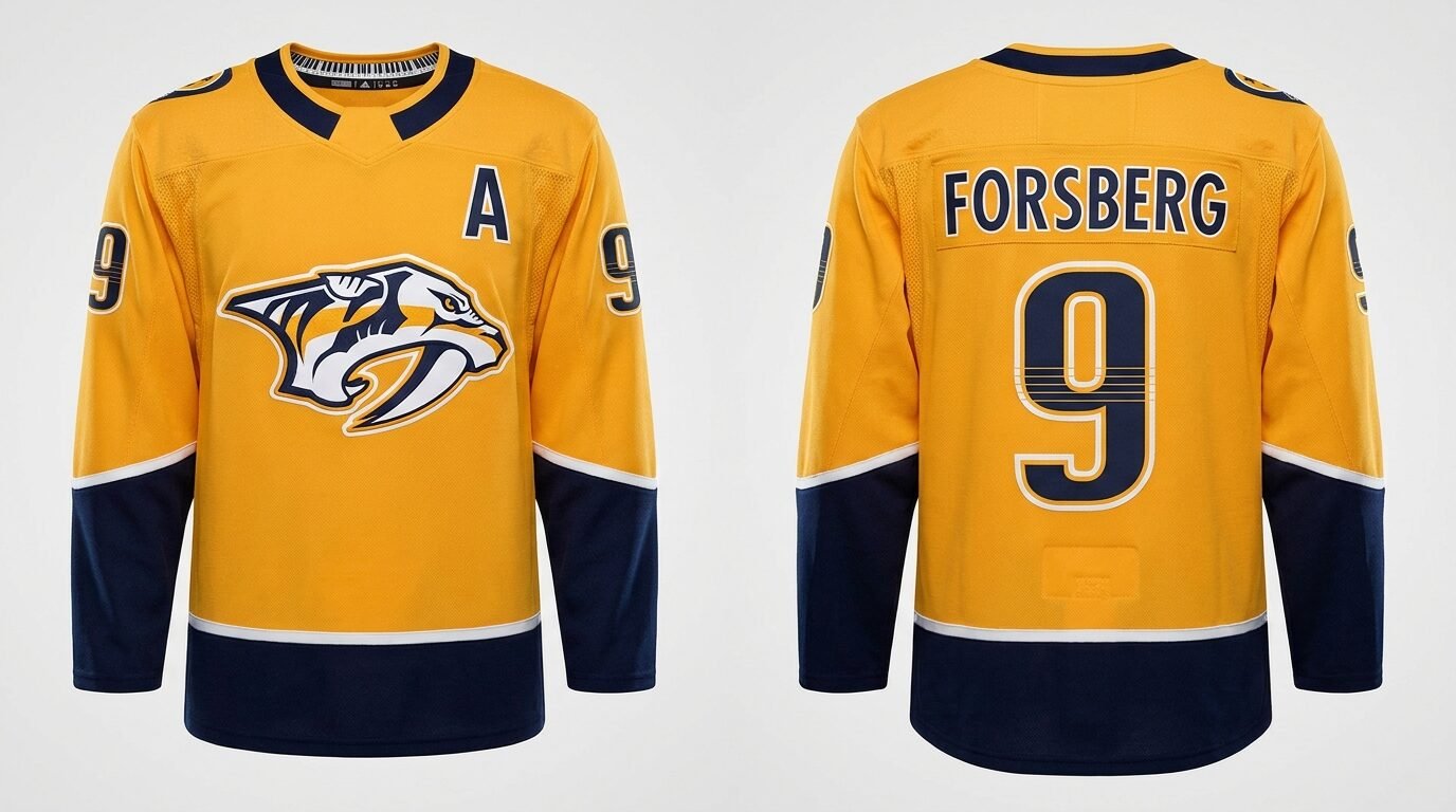 Gold Nashville Predators style hockey jersey number 9 - front and back view