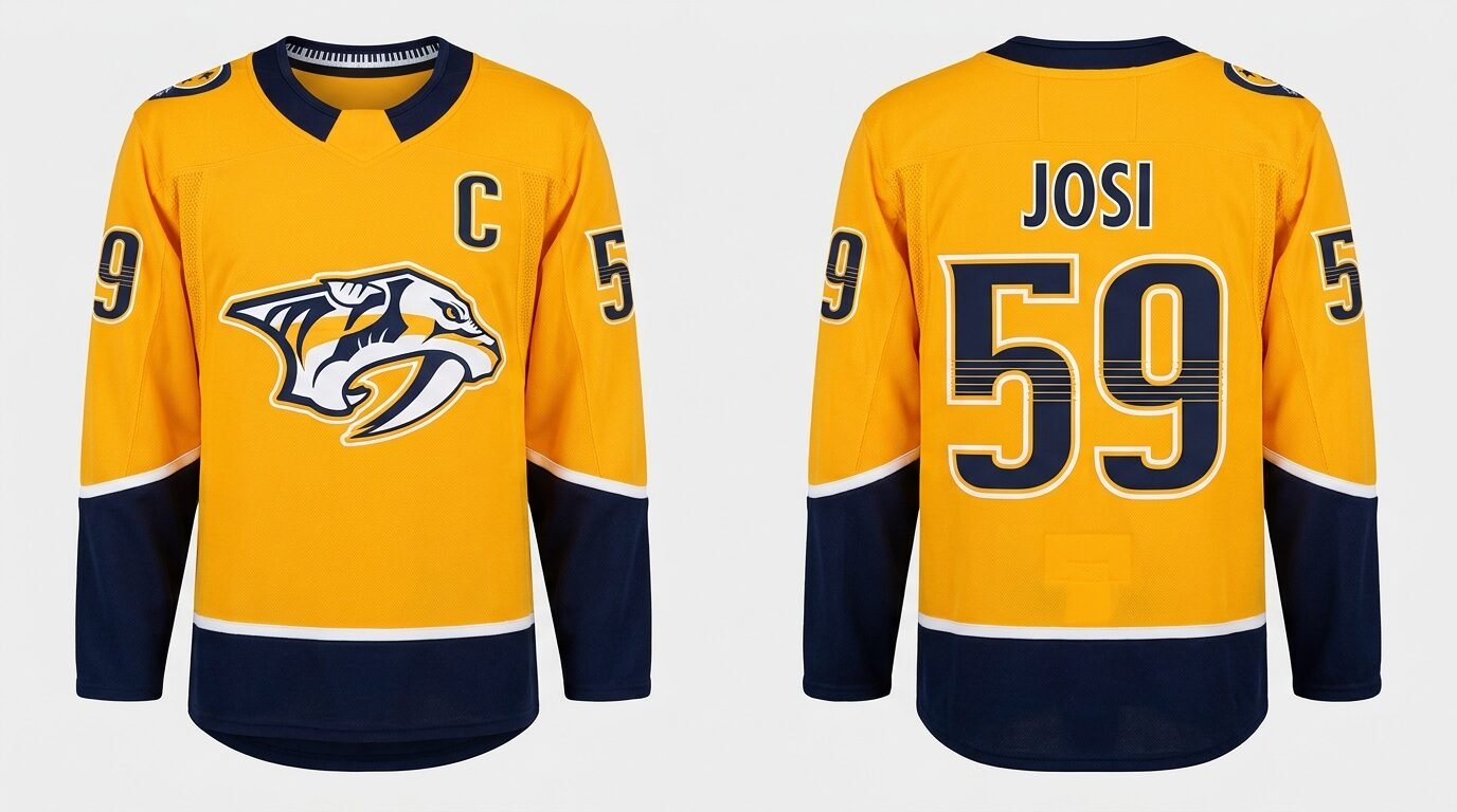 Gold Nashville Predators style hockey jersey number 59 - front and back view