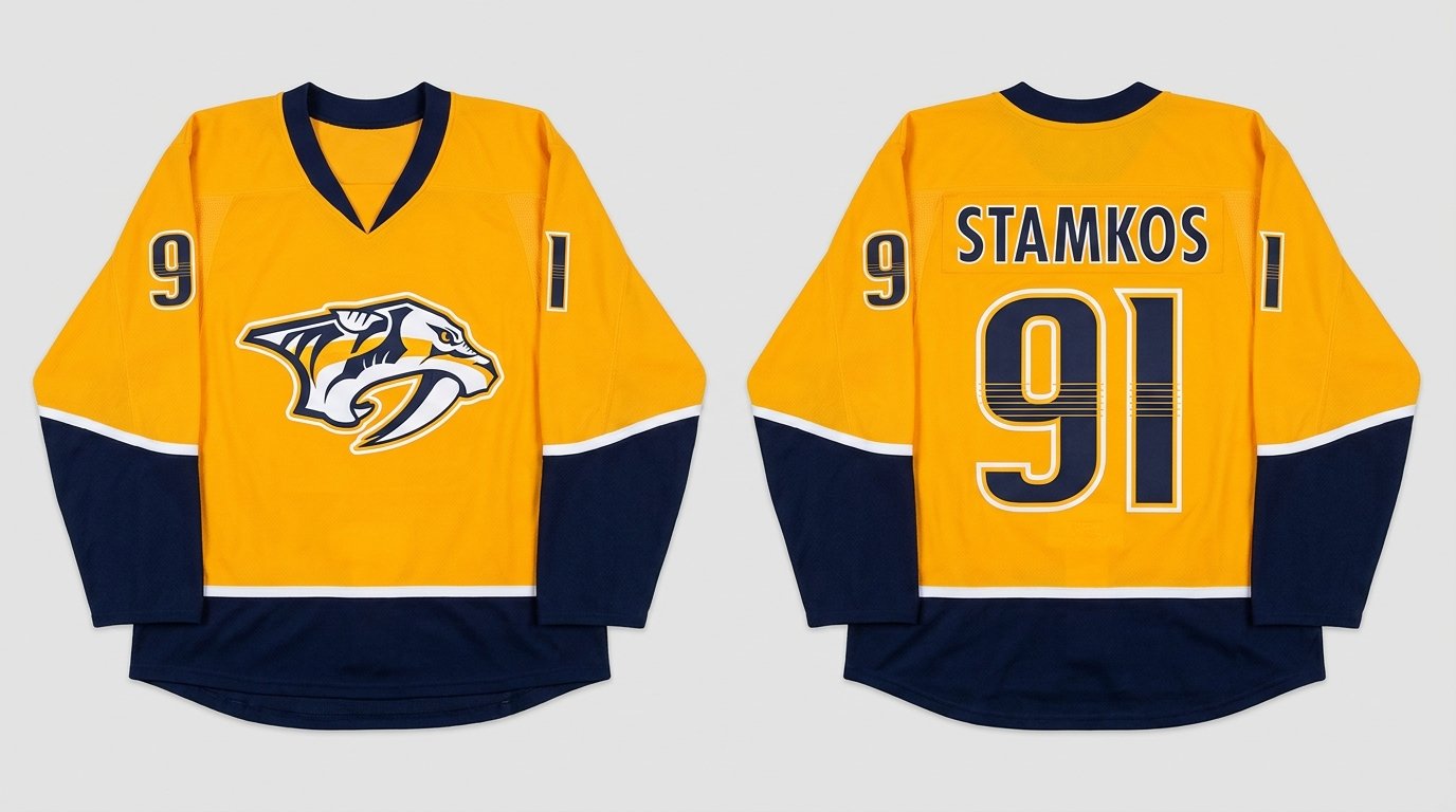 Gold Nashville Predators style hockey jersey number 91 - front and back view