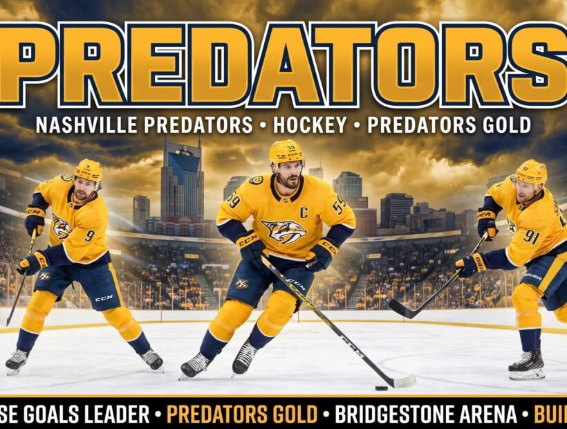 Nashville Predators team 2026 poster — captain Roman Josi (#59) with Filip Forsberg (#9) and Steven Stamkos (#91) in gold home jerseys