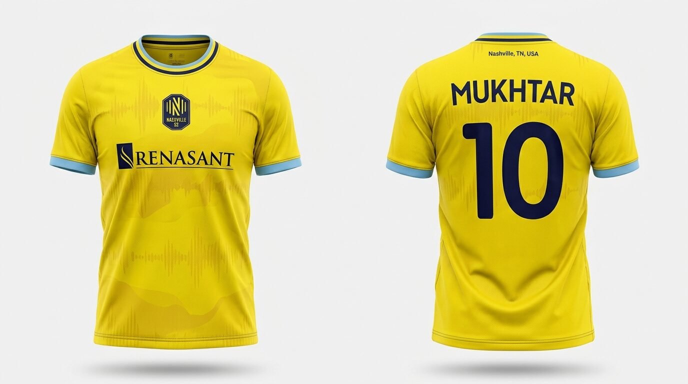 Gold Nashville SC style soccer jersey number 10 - front and back view