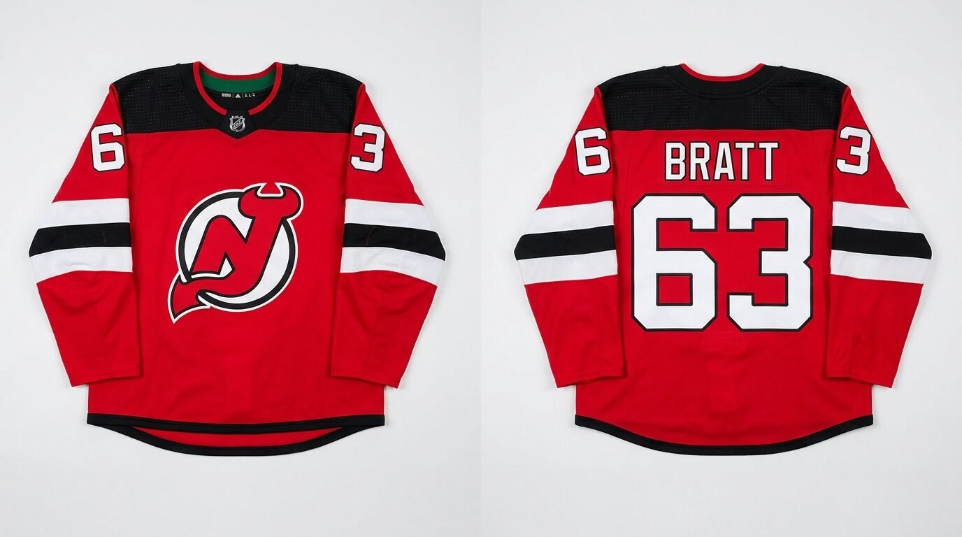 Red New Jersey Devils style hockey jersey number 63 - front and back view