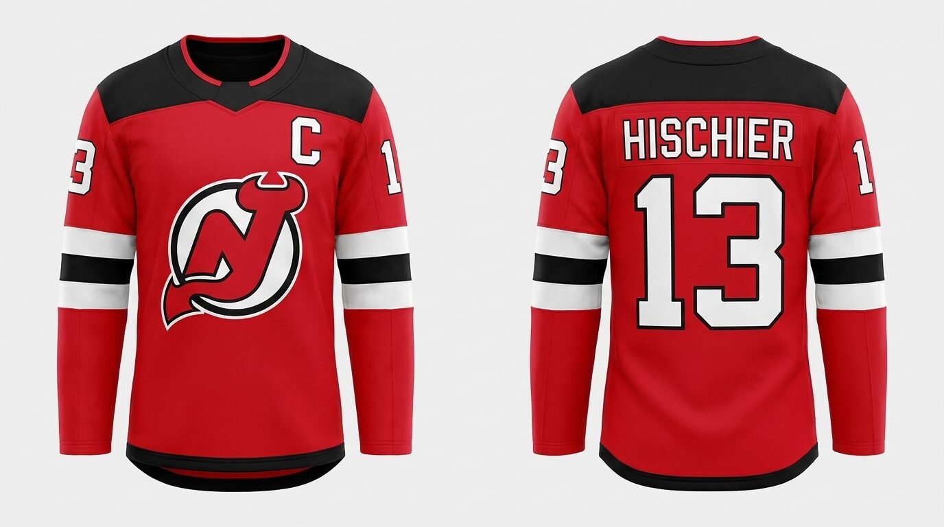 Red New Jersey Devils style hockey jersey number 13 - front and back view