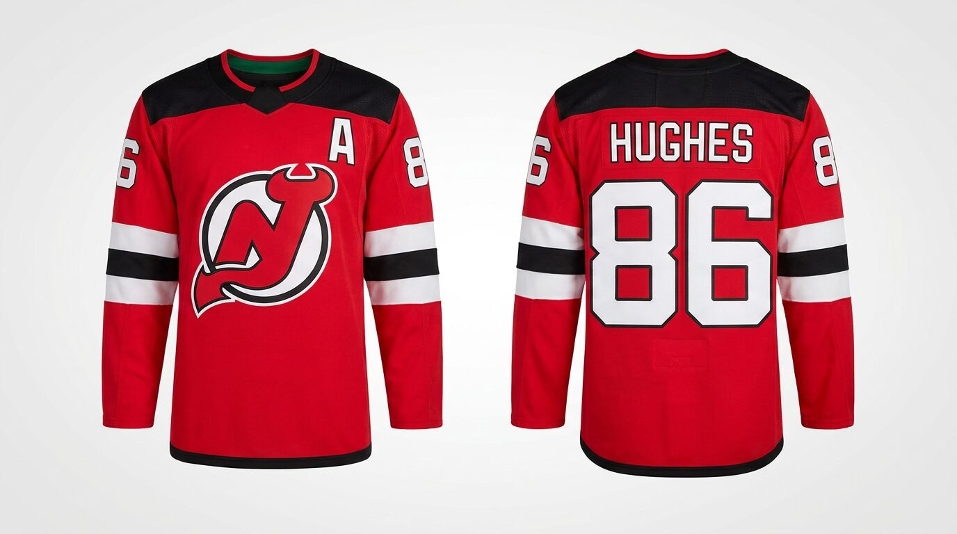 Red New Jersey Devils style hockey jersey number 86 - front and back view