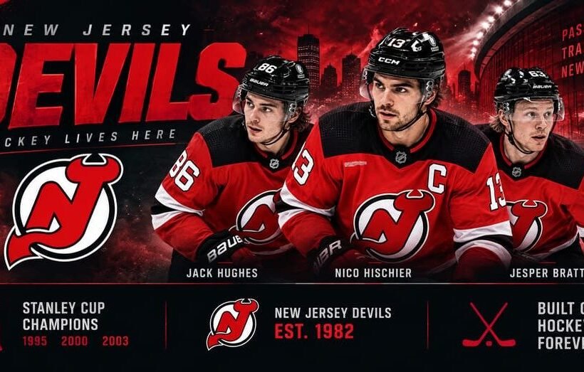 New Jersey Devils team 2026 poster — captain Nico Hischier (#13) with Jack Hughes (#86) and Jesper Bratt (#63) in red home jerseys at the Prudential Center