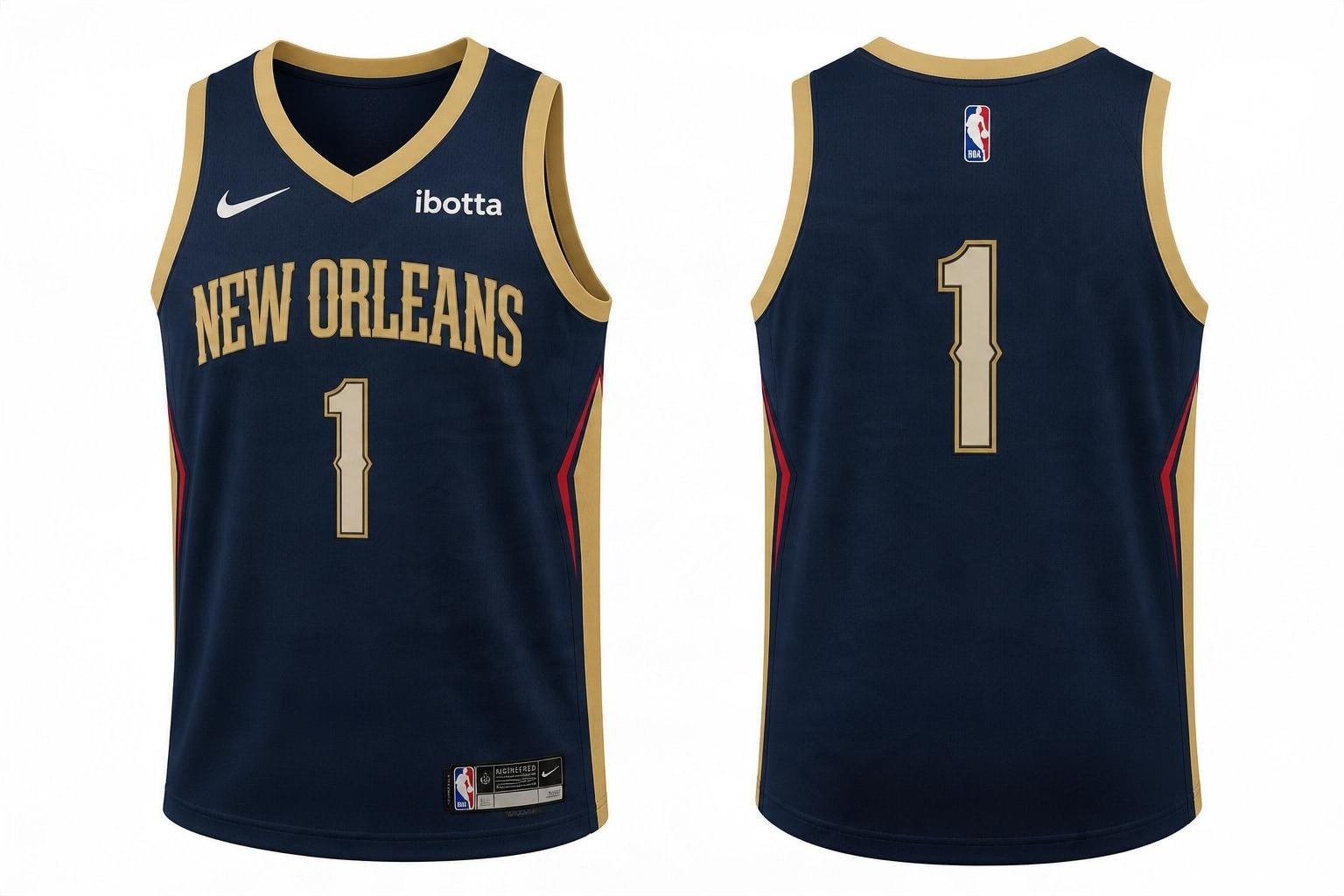 Navy New Orleans Pelicans basketball jersey number 1 – front and back view