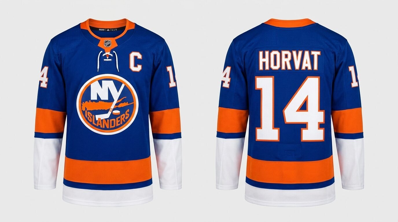 Blue New York Islanders style hockey jersey number 14 - front and back view
