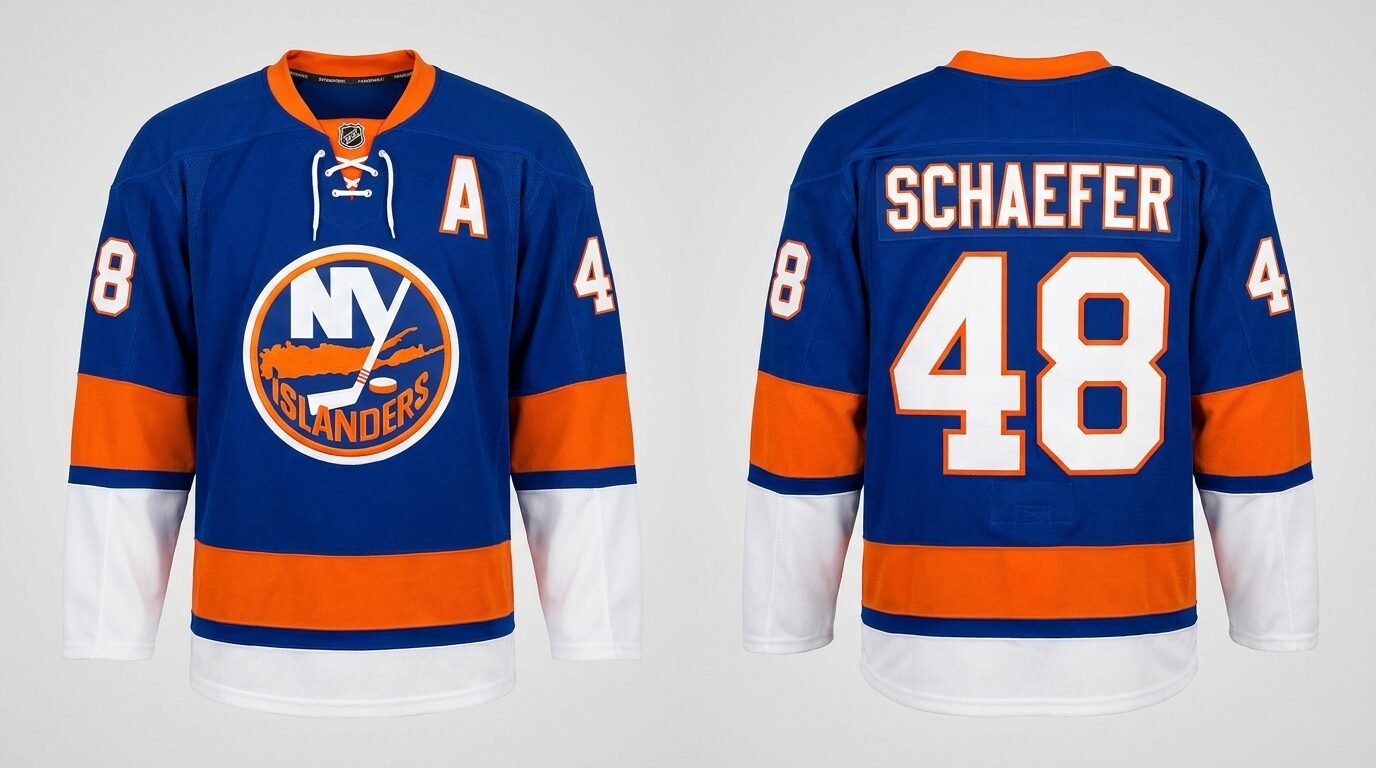 Blue New York Islanders style hockey jersey number 48 - front and back view