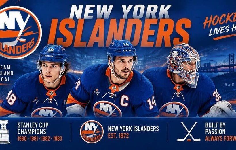 New York Islanders team 2026 poster — captain Bo Horvat (#14) with Matthew Schaefer (#48) and Ilya Sorokin (#30) in blue home jerseys at UBS Arena