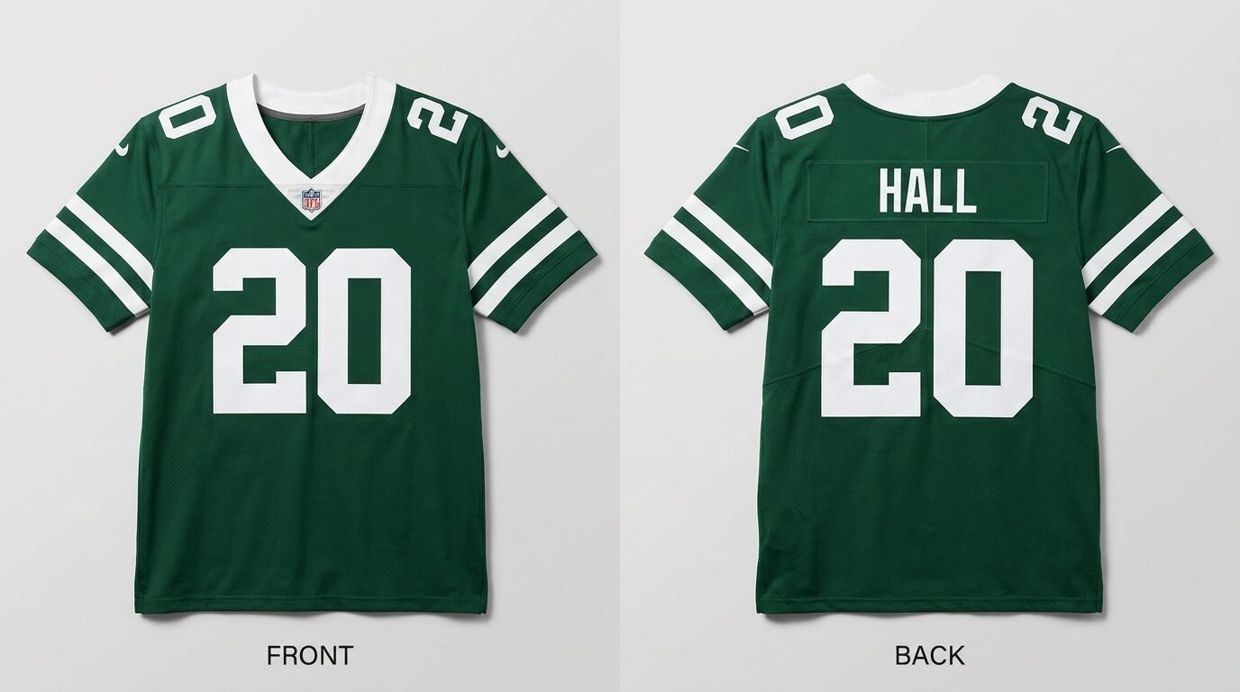 Green New York Jets style football jersey number 20 - front and back view