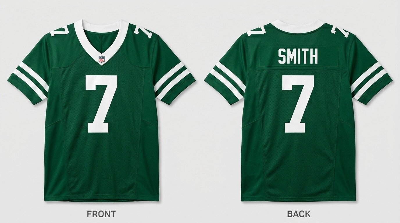 Green New York Jets style football jersey number 7 - front and back view
