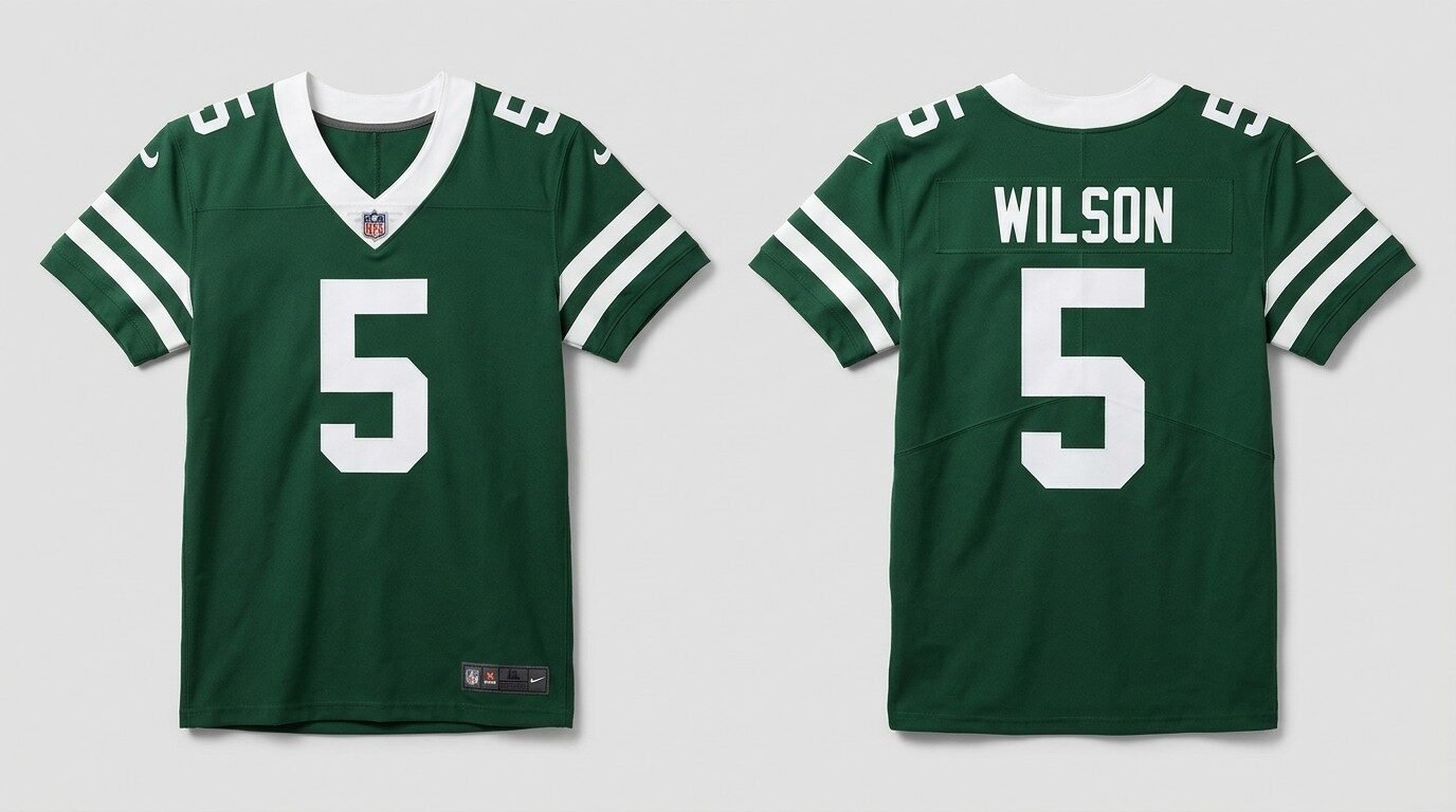 Green New York Jets style football jersey number 5 - front and back view
