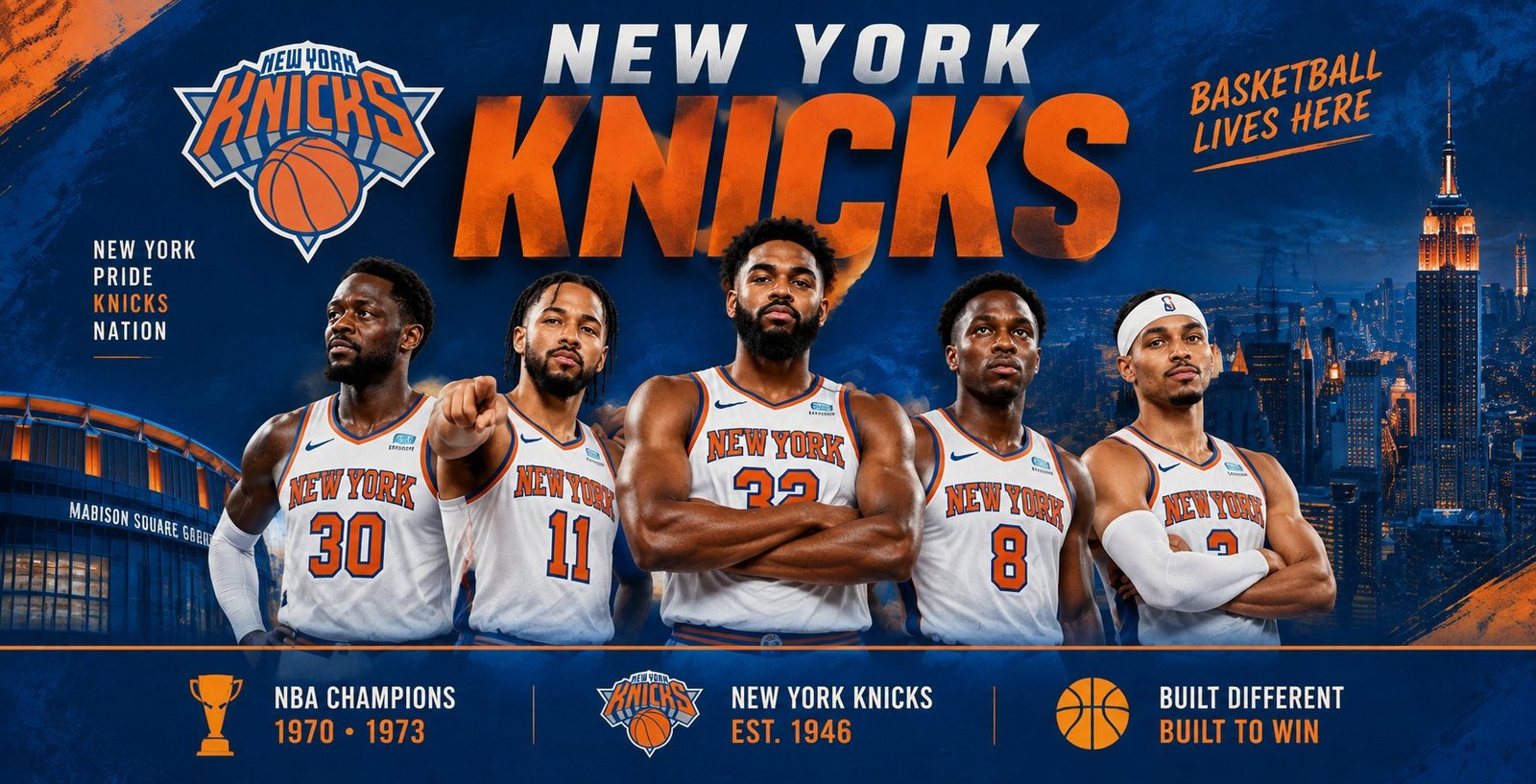 New York Knicks players in white jerseys – 2026-27 team