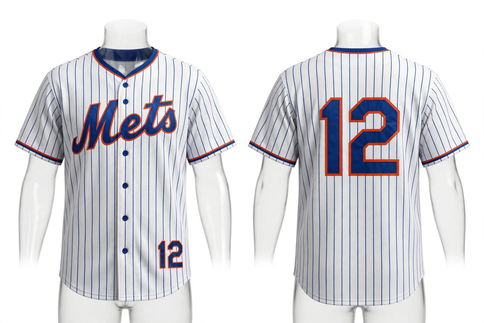 White New York Mets style pinstripe home baseball jersey number 12 - front and back view