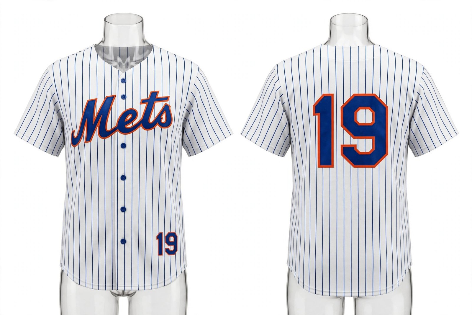 White New York Mets style pinstripe home baseball jersey number 19 - front and back view