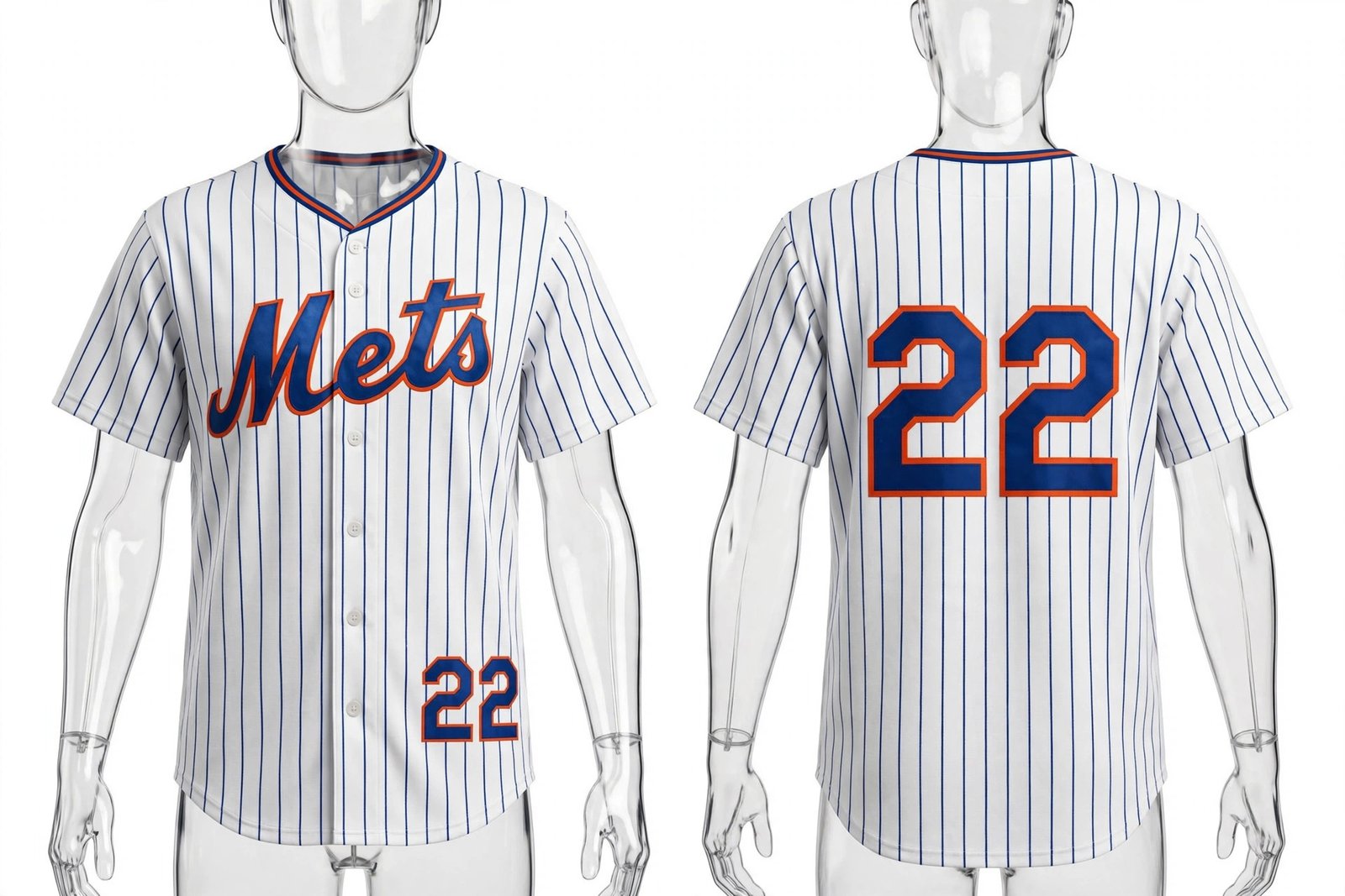 White New York Mets style pinstripe home baseball jersey number 22 - front and back view
